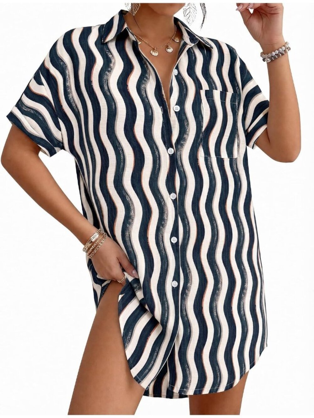 Women Deep Blue Rayon Button Down Shirt Striped Coverup Beach Swimsuit Cover Up
